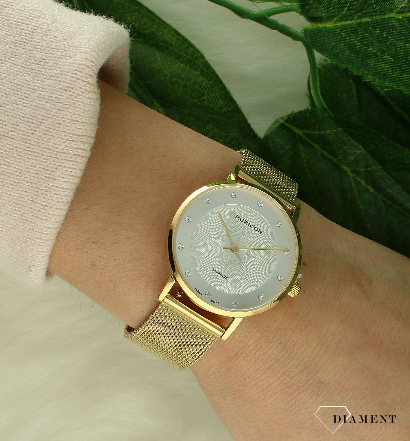 Zegarek damski Rubicon złoto-srebrny z szafirowym szkłem RNBD88 cyrkonie. Zegarek damski na bransolecie. Zegarek damski Rubicon z cyrkoniami. Zegarek damski biżuteryjny Rubicon. Elegancki zegarek w złotym kolorze na prezent..jpg